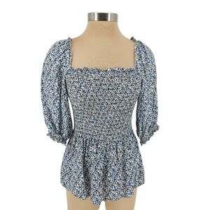 Max Studio Peplum Top White Floral 1/2 Sleeve Smocked Square Neck Shirt Medium